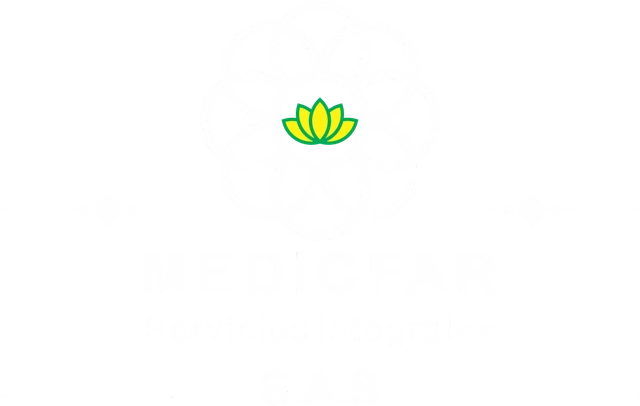 Logo de MEDICFAR Servicios Integrales S.A.S.: flor de ocho círculos con una flor de loto al centro, flanqueada por diamantes